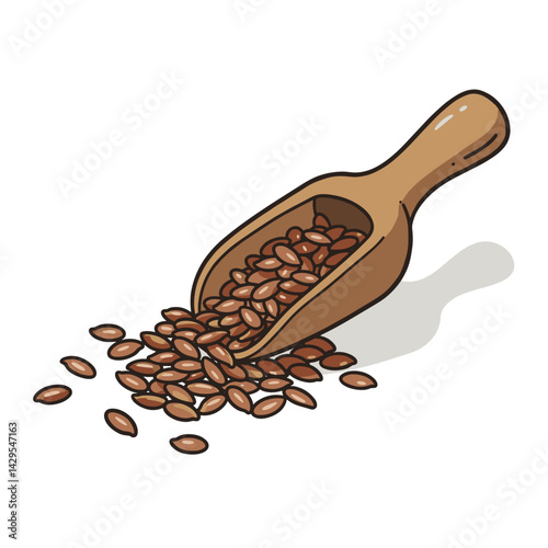 Flax Seeds Wooden Scoop Icon. Vector illustration, transparent background. Healthy food, superfood, ingredient. Packaging, labels, blogs