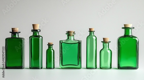 A collection of green glass bottles in varying shades, arranged symmetrically with soft backlighting