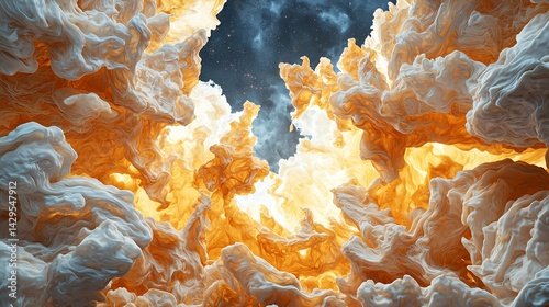 A cosmic inkblot nebula with symmetrical patterns of dark and light regions, its shape constantly evolving