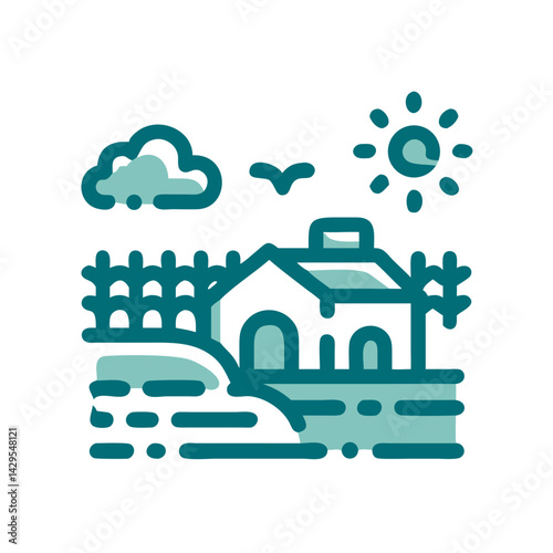 Farm icon featuring a picturesque farmhouse with trees and sun in a vibrant countryside design
