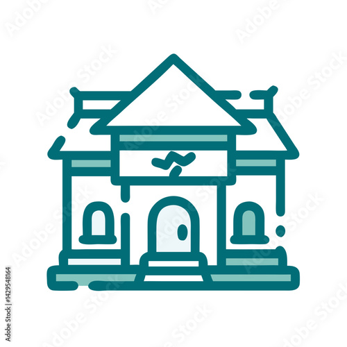 Martial arts school icon featuring a traditional building with a symbol in a dynamic design
