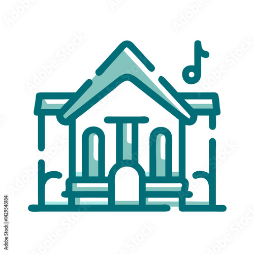 Philharmonic hall icon featuring a musical building with a note symbol in an artistic design
