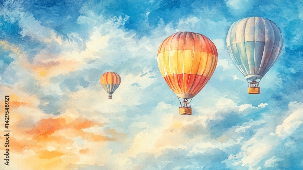 Fototapeta premium Watercolor hot air balloons in pastel tones floating against soft blue sky with cloud wisps