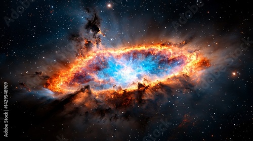 A supernova remnant expanding through space, shockwaves of colorful energy radiating outward, surrounded by distant galaxies