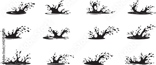 Collection of black ink splash illustrations on a white background in various shapes and orientations