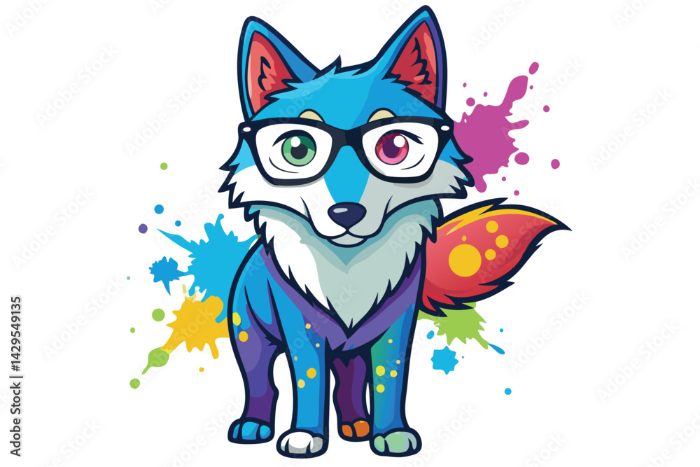 Fototapeta premium Colorful artistic wolf in with eyeglasses colorful paint splatters on white background