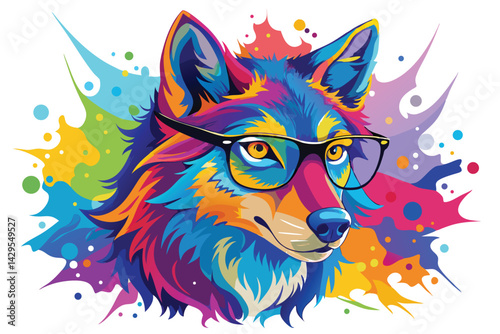 Colorful artistic wolf  in with eyeglasses  colorful paint splatters on white background