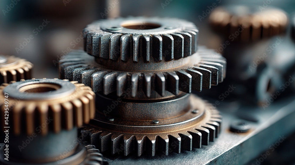 Close-Up of Vertical Gears in Rusty Machine with Detailed Overlays Close-Up of Vertical Gears in Rusty Machine with Detailed Overlays
