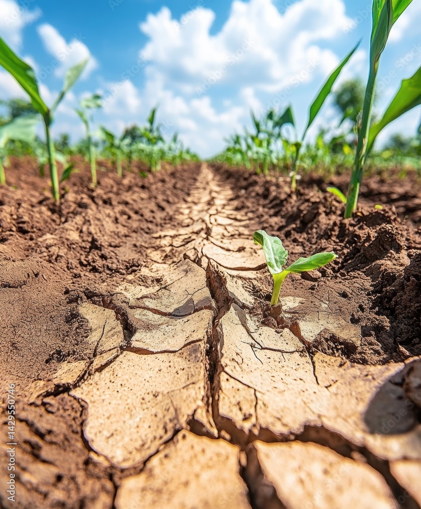 Green sprout emerging from cracked drought soil under a blue sky. Represents resilience, climate-impacted agriculture, and hope in harsh environmental conditions.