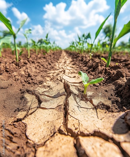 Obraz na płótnie Green sprout emerging from cracked drought soil under a blue sky. Represents resilience, climate-impacted agriculture, and hope in harsh environmental conditions. w salonie