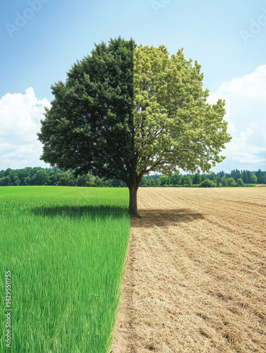 Obraz na płótnie Tree split between lush green and dry barren land, symbolizing climate contrast, human impact, and ecological transition in natural ecosystems. w salonie