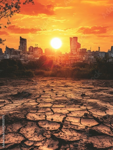 Dry, cracked earth in foreground, with a city under scorching sun in background. Shows global warming's impact on urban areas.