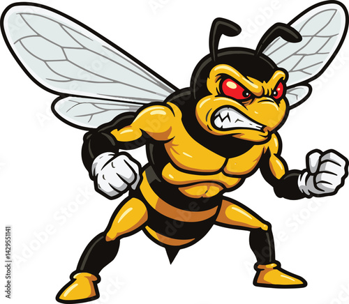 Illustration of an angry bee mascot with clenched fists and red eyes on a white background