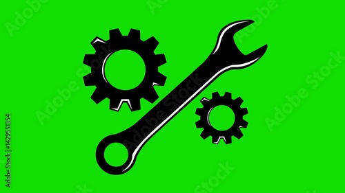 video animation black and white icon nut wrench and gears turning in mechanical engineering or repair concept, on a green chroma key background