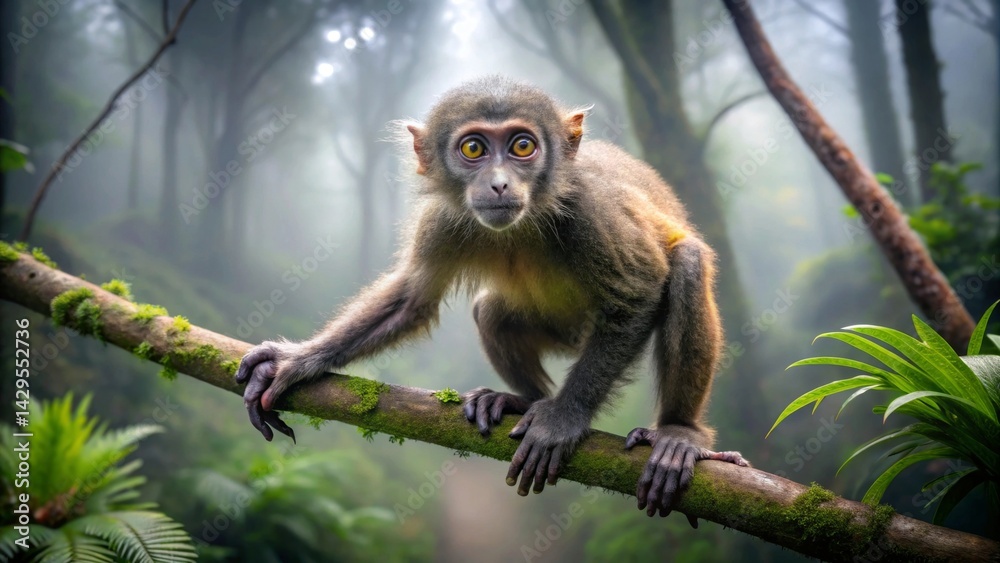 Obraz premium A Young Primate Perched on a Mossy Branch in a Misty Forest