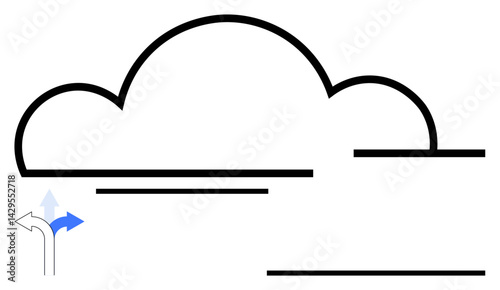 Black outlined cloud shape with a split pathway arrow in blue and gray. Ideal for technology, decision-making, innovation, connectivity, data storage, AI concepts, simple landing page