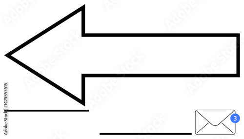 Black arrow pointing left, envelope icon with three notifications. Ideal for communication, email, notifications, updates, alerts, inbox management workflow. Flat simple metaphor