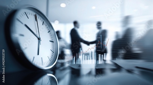 Business Meeting with Clock and Graphs in Blurred Boardroom Setting