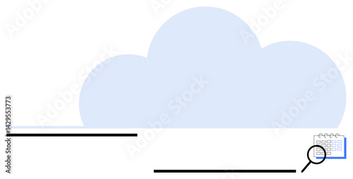Blue cloud shape with a magnifying glass inspecting a digital calendar. Ideal for data organization, online storage, productivity, cloud solutions, data retrieval, search optimization, digital