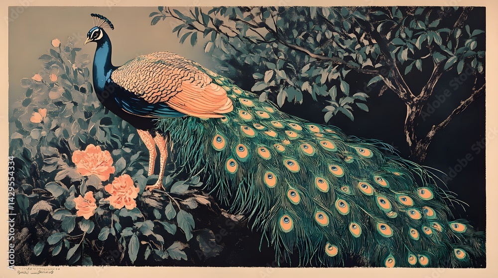 Peacock and nightingale, color woodcut, published in 1897