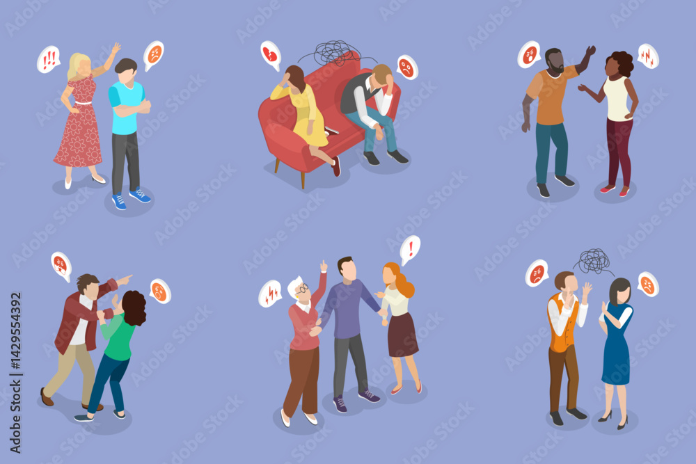 Fototapeta premium 3D Isometric Flat Vector Illustration of Couple Conflict Scenes, Miscommunication And Understanding Issues