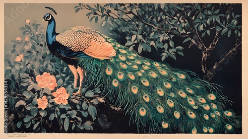 Obraz na płótnie Peacock and nightingale, color woodcut, published in 1897
w salonie