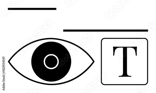 Stylized eye with simple circular design next to bold T character in a bordered box, accented by parallel lines. Ideal for creativity, vision, typography, branding, design, minimalism, simple landing