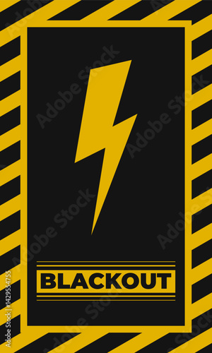 Blackout warning vertical poster. Power outage banner icon and sign on a black and yellow striped background. Vector illustration