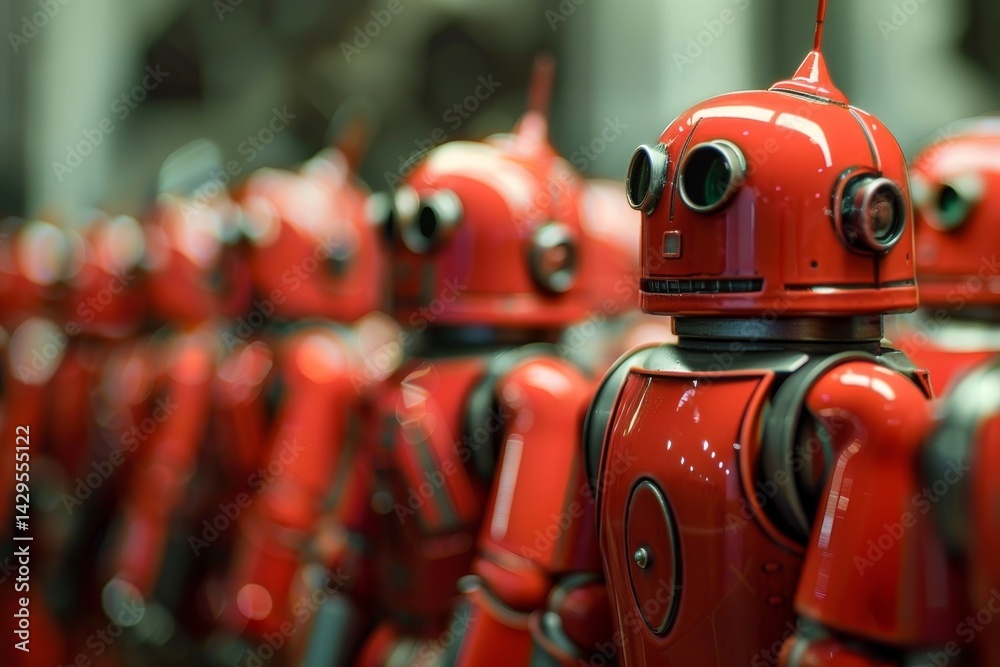 Fototapeta premium Robots positioned in chairs, showcasing advanced technology in a futuristic setting during a technology exhibition