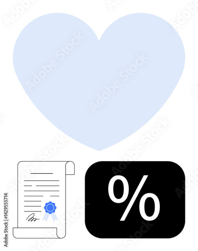 Large heart shape above a signed legal document and percentage icon, combining emotional and financial themes. Ideal for relationships, contracts, finance, trust, commitment, governance, flat simple