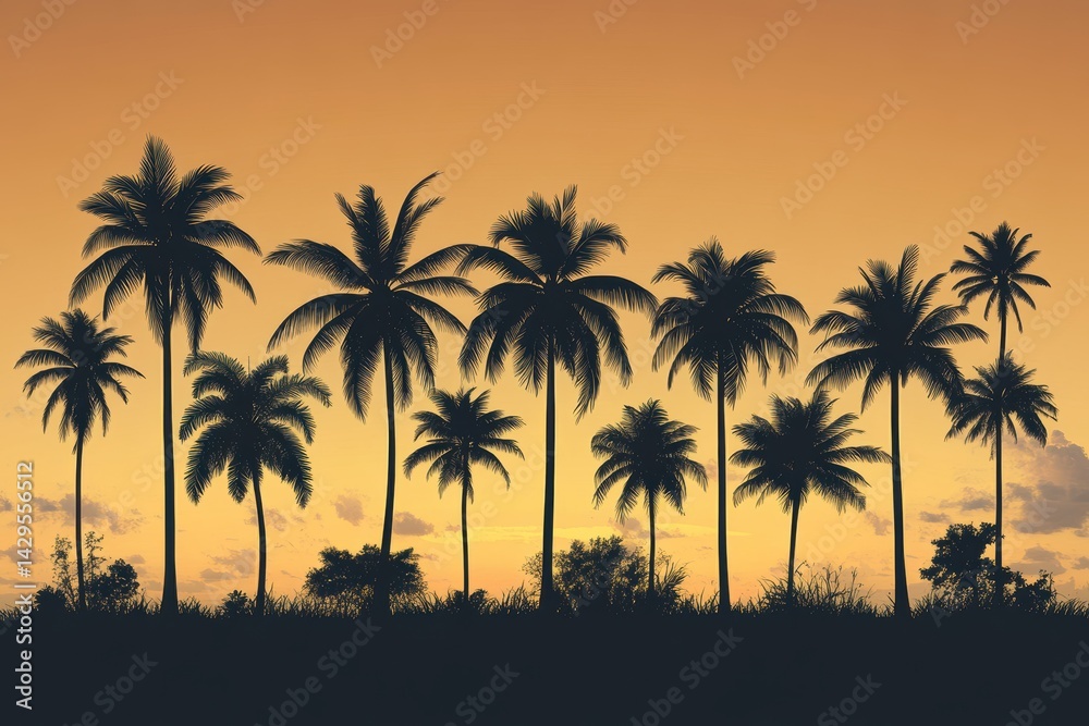 Silhouette collection of diverse coconut trees against a sunset background Silhouette collection of diverse coconut trees against a sunset background