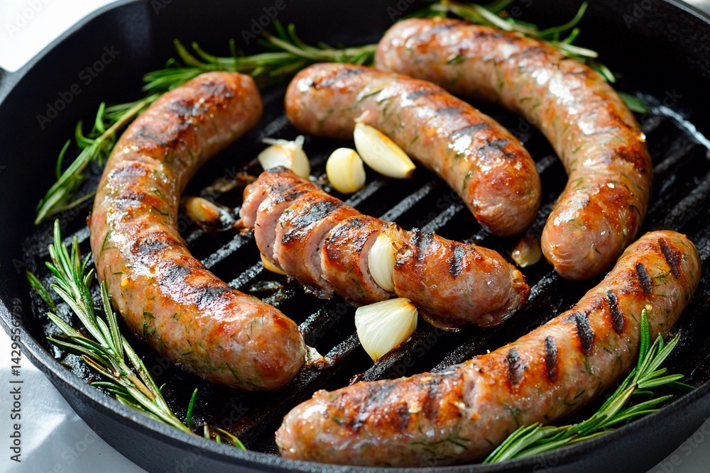 Fresh sausages sizzle in a skillet, surrounded by garlic cloves and sprigs of rosemary. This cooking setup takes place during a lively summer cookout gathering Fresh sausages sizzle in a skillet, surrounded by garlic cloves and sprigs of rosemary. This cooking setup takes place during a lively summer cookout gathering