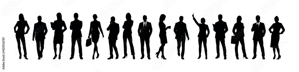 Silhouettes of Business People Standing in a Row on White Background Silhouettes of Business People Standing in a Row on White Background