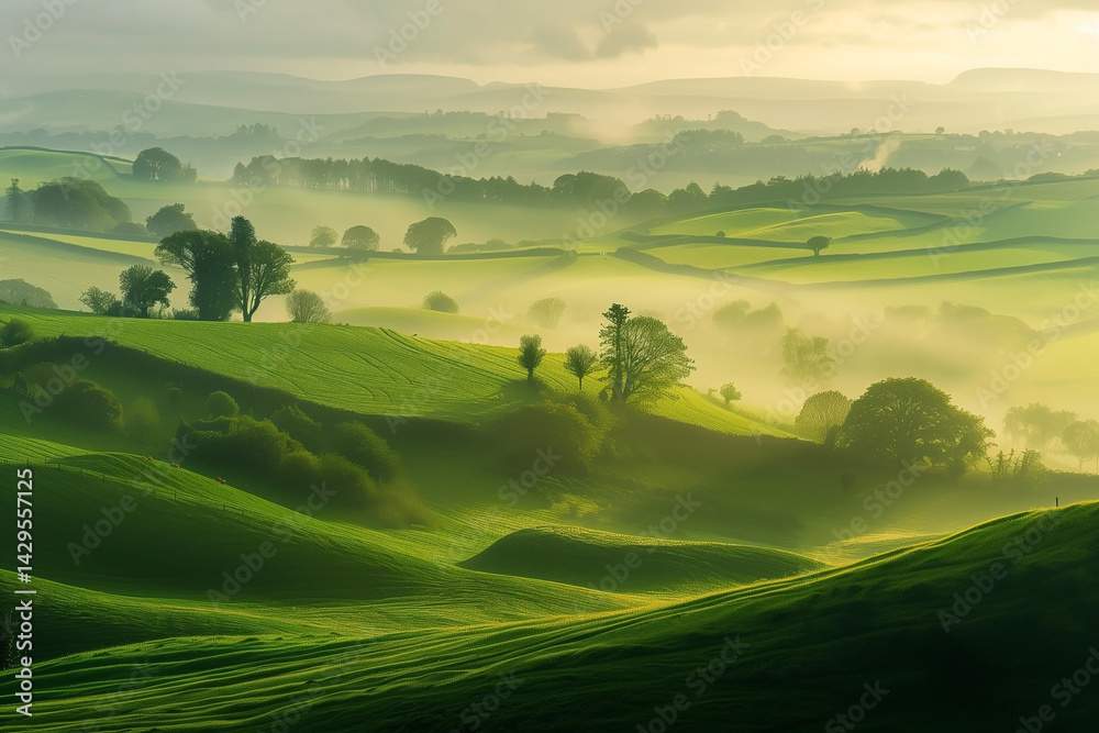 Obraz premium Lush green hills meet a soft, ethereal fog, creating a serene landscape bathed in warm light, evoking feelings of tranquility.
