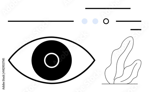 Bold black-and-white eye, three dots, abstract lines, and a fluid organic shape. Ideal for creativity, focus, vision, clarity, innovation design minimalism simple landing page