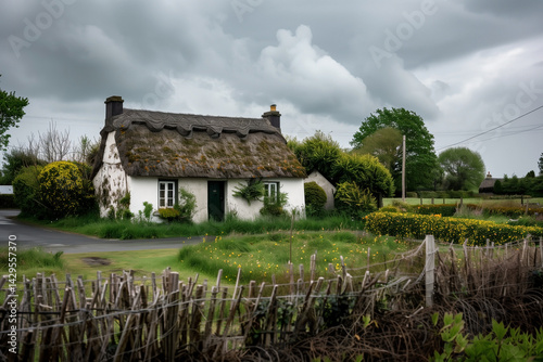 Charming thatched-roof cottage nestled in an idyllic landscape beneath a dramatic cloudy sky. A timeless rural scene exudes tranquility.