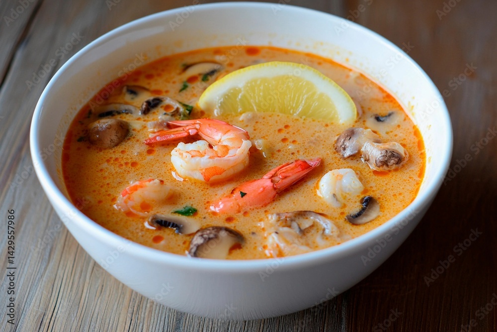 A bowl of rich seafood soup filled with shrimp, scallops, and mushrooms, topped with a slice of lemon. This comforting dish is perfect for any occasion A bowl of rich seafood soup filled with shrimp, scallops, and mushrooms, topped with a slice of lemon. This comforting dish is perfect for any occasion