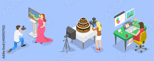 3D Isometric Flat Vector Illustration of Professional Photographer, Photo Editing Software