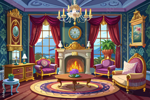 vector of Beautiful Victorian living room with fireplace and luxurious decor