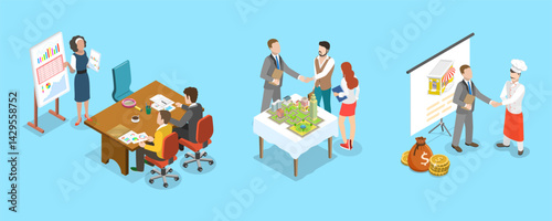 3D Isometric Flat Vector Illustration of Real Estate Brokerage Firm, Leasing Services