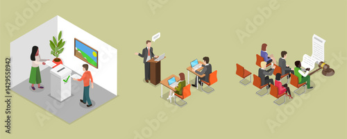 3D Isometric Flat Vector Illustration of Politician Making Speech, City Council