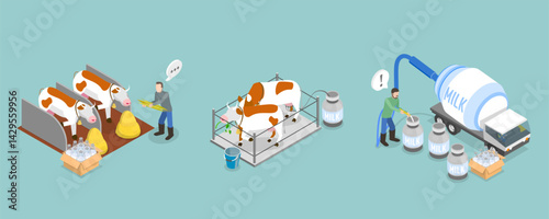 3D Isometric Flat Vector Illustration of Dairy Livestock, Milk Products Production