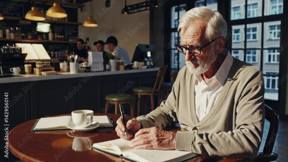 Senior man enjoys serene moments writing in a cozy café with warm lighting Senior man enjoys serene moments writing in a cozy café with warm lighting