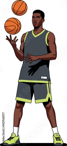 Basketball player juggling two basketballs in athletic gear vector illustration