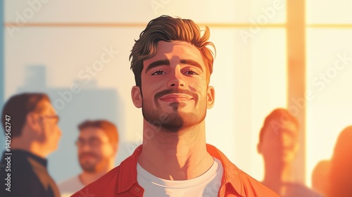 Young man smiling warmly in a sunlit modern setting surrounded by friends and colleagues during a casual gathering.