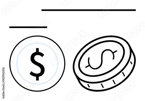 Dollar coin and rounded token. Ideal for finance, investment, currency exchange, digital wallet, savings, banking trading and simple landing page. Line metaphor. Simple line icons