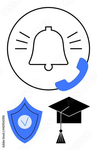 Notification bell with ringing lines, phone receiver, shield with checkmark, and graduation cap. Ideal for education, communication, safety, alerts, learning trust simple landing page