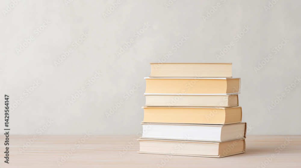 Stack of six books on a wooden table against a neutral background in a cozy study area during daylight.