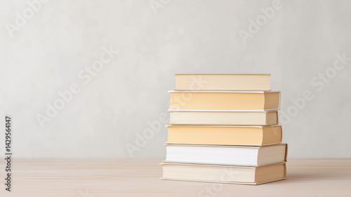 Obraz na płótnie Stack of six books on a wooden table against a neutral background in a cozy study area during daylight. w salonie