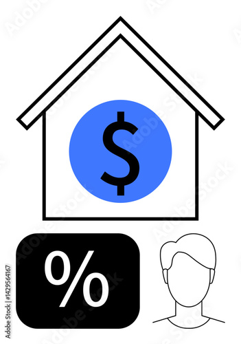 House outline with central dollar sign, percent block, and person silhouette suggest financial aspects, loans, and affordability. Ideal for finance, mortgage, housing, economy real estate cost
